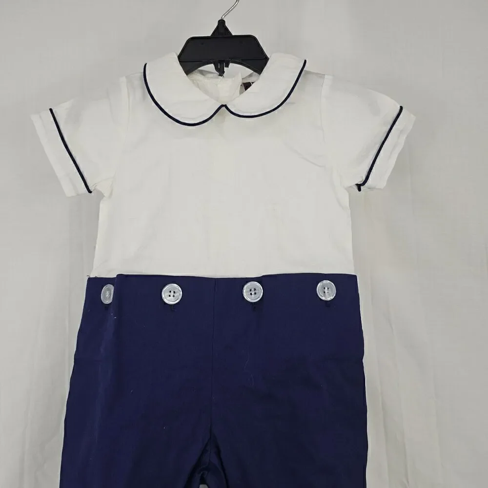 Lil Cactus Pique Button On Pants Romper Boys Size 3-6 Months Outfit Navy White